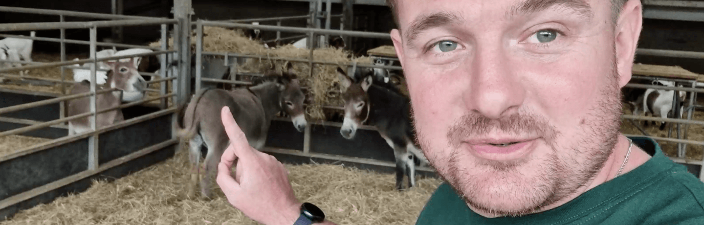 Photo of Dale in the donkey pen at Cannon Hall farm